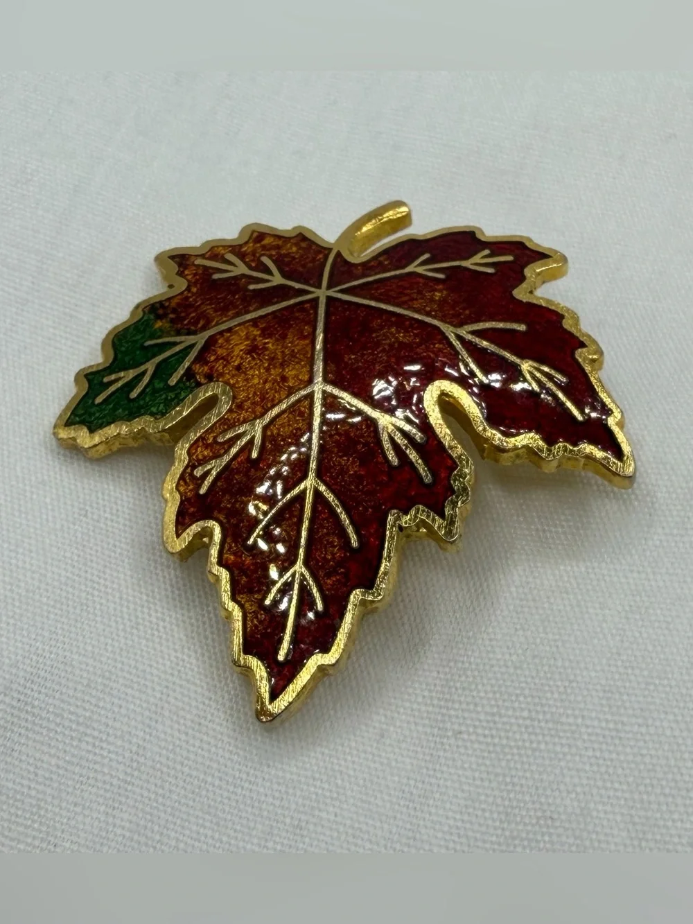 Vintage Goldtone Maple Leaf Brooch Pin Red Yellow Green Enamel Fall Foliage